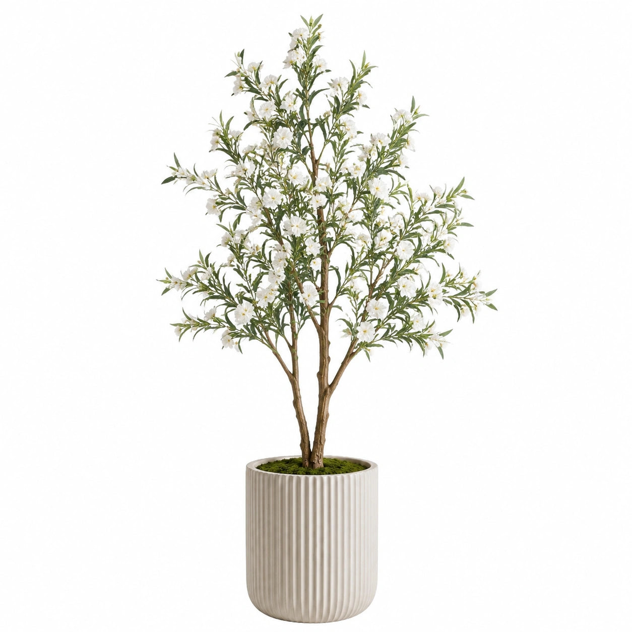 Arbre artificiel fleuri 180 cm en plastique blanc et vert avec pot en céramique style naturel