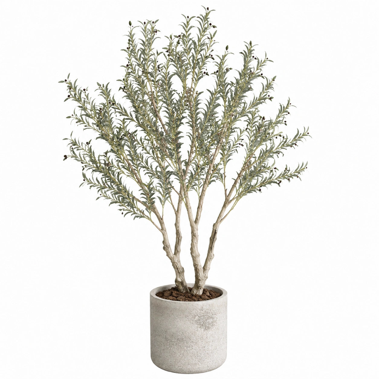 Olivier artificiel 180 cm feuillage vert en plastique avec pot cylindrique pour intérieur