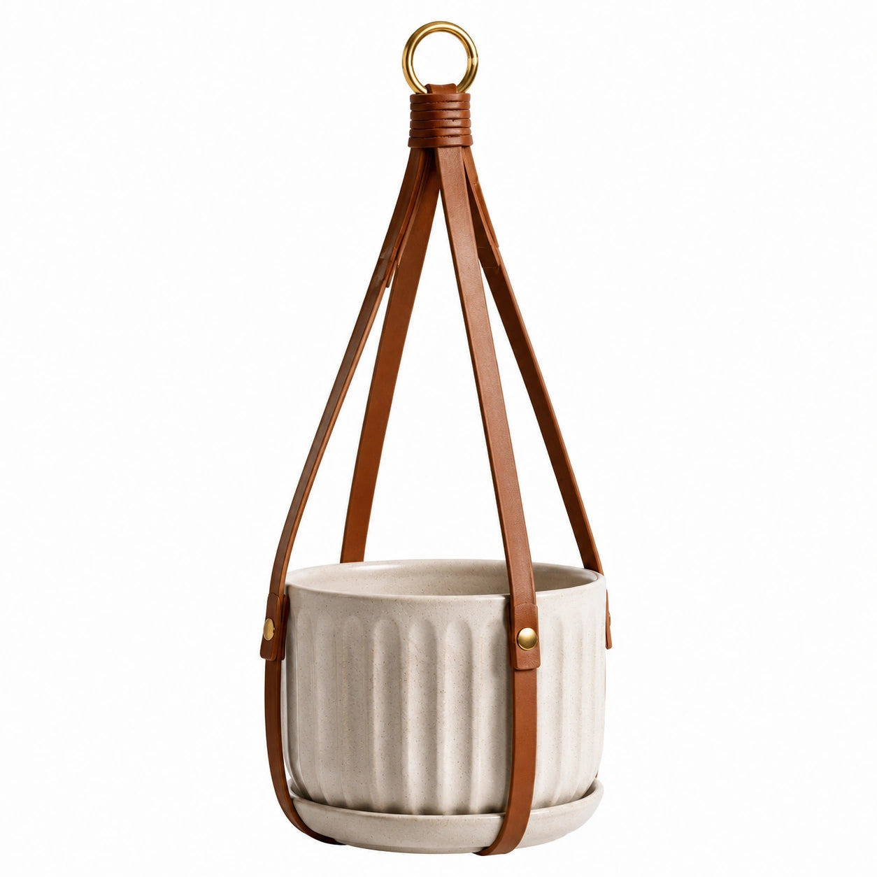 Pot de fleurs suspendu diamètre 18 cm en céramique beige avec suspension en cuir style contemporain