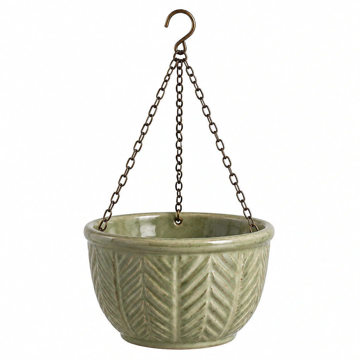Suspension pour plantes 20 cm en céramique vert sauge avec chaînes métalliques motif feuillage