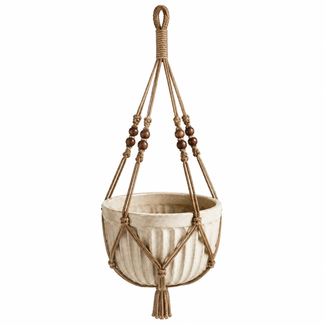 Cache-pot suspendu diamètre 18 cm en céramique beige et corde tressée style bohème