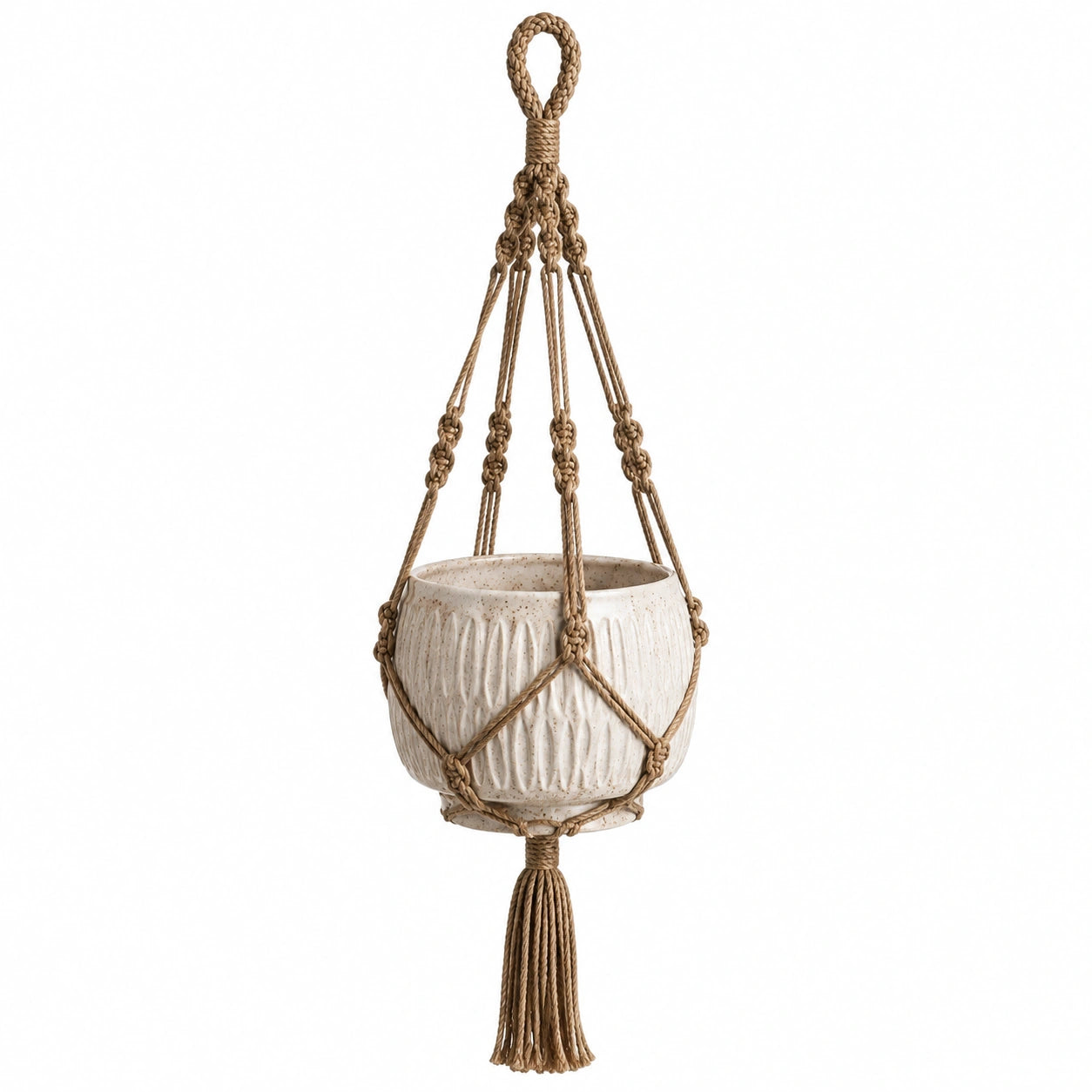Pot de fleurs suspendu 15 cm en céramique blanc avec corde tressée pour intérieur