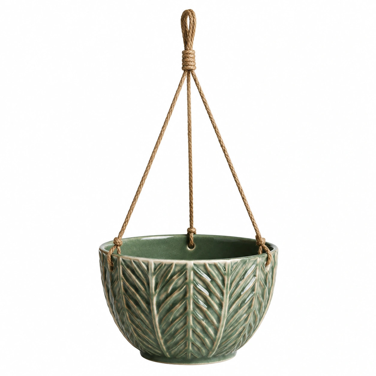 Pot de fleurs suspendu diamètre 20 cm en céramique verte à motif feuillage avec corde tressée