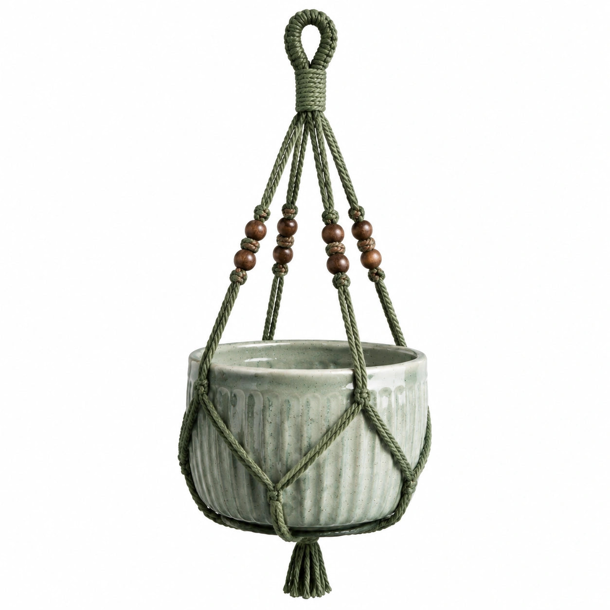 Jardinière suspendue diamètre 15 cm en céramique vert sauge avec corde tressée style bohème