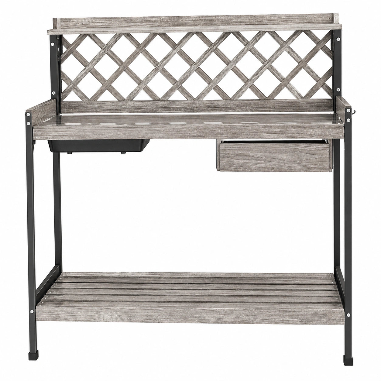 Établi de jardin 120 x 55 x 165 cm en métal et panneaux effet bois gris avec rangement