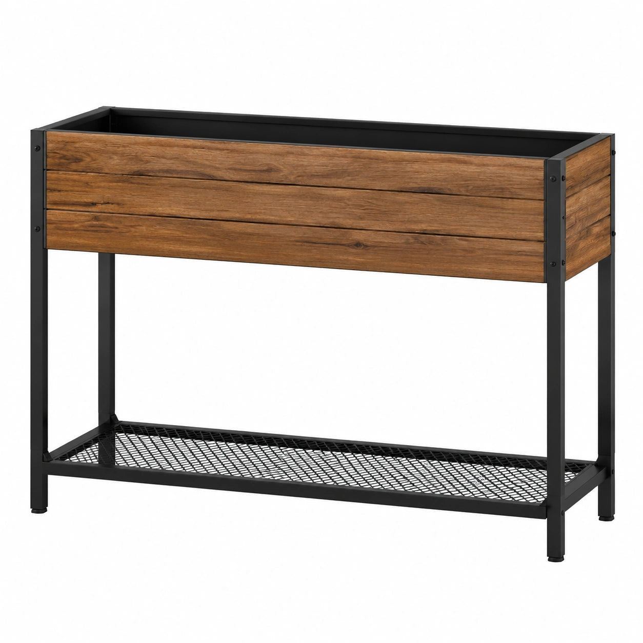 Jardinière surélevée 100 x 40 x 100 cm en bois et métal marron noir avec étagère de rangement