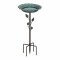Bain d'oiseaux diamètre 45 cm hauteur 120 cm en métal vert patiné sur pied décor feuillage