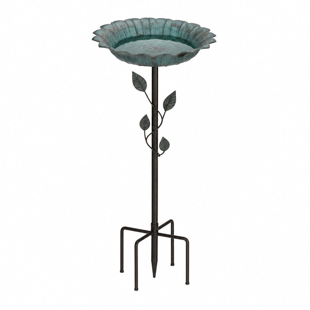 Bain d'oiseaux diamètre 45 cm hauteur 120 cm en métal vert patiné sur pied décor feuillage