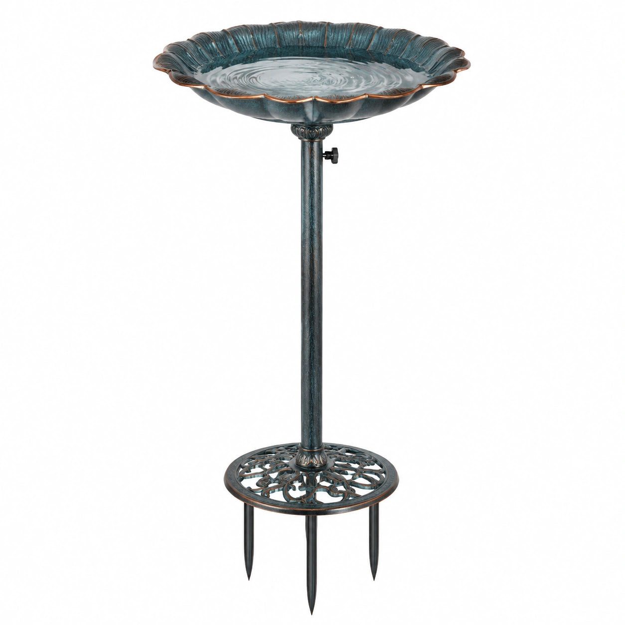Bain d'oiseaux Ø50 cm en métal bleu foncé sur pied à planter décoratif