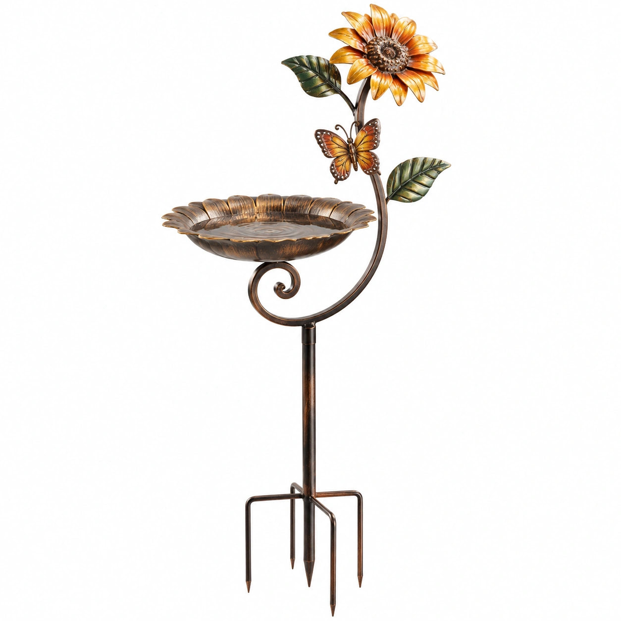 Bain d'oiseaux sur piquet 120 cm en métal brun orange pour jardin style tournesol