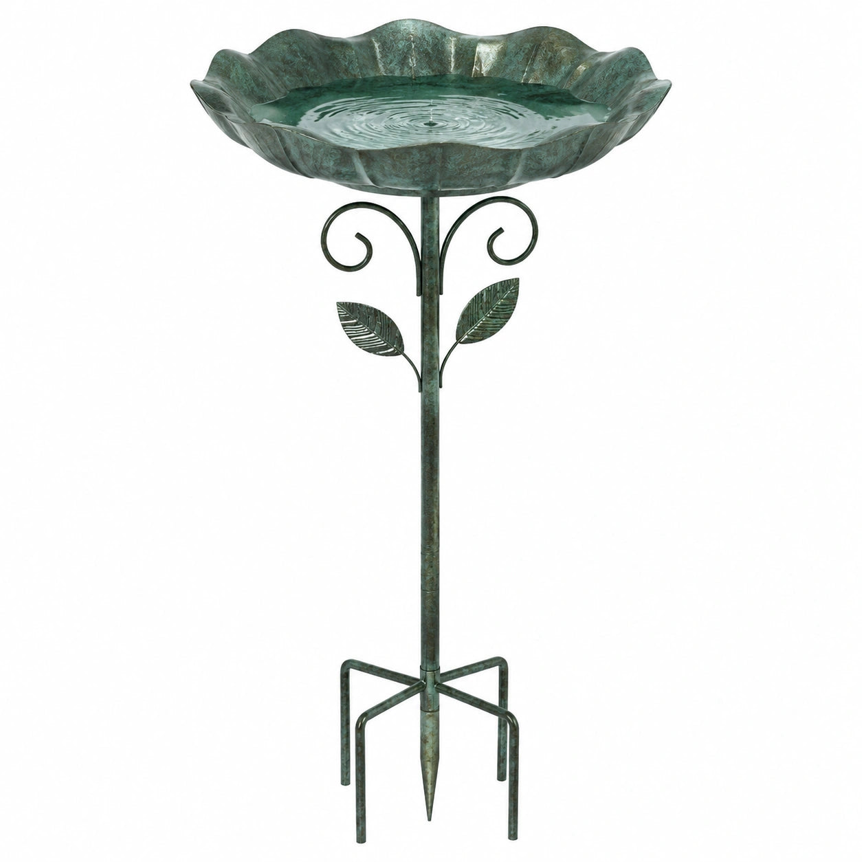 Bain d'oiseaux sur pied diamètre 45 cm en métal vert style végétal pour jardin