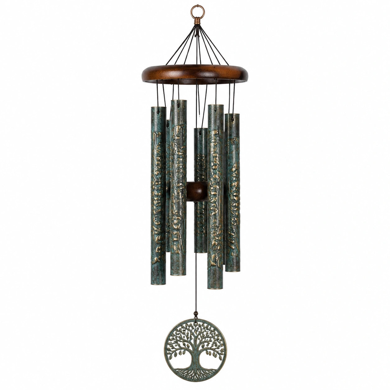 Carillon éolien 90 cm en métal et bois vert patiné marron décoratif suspendu