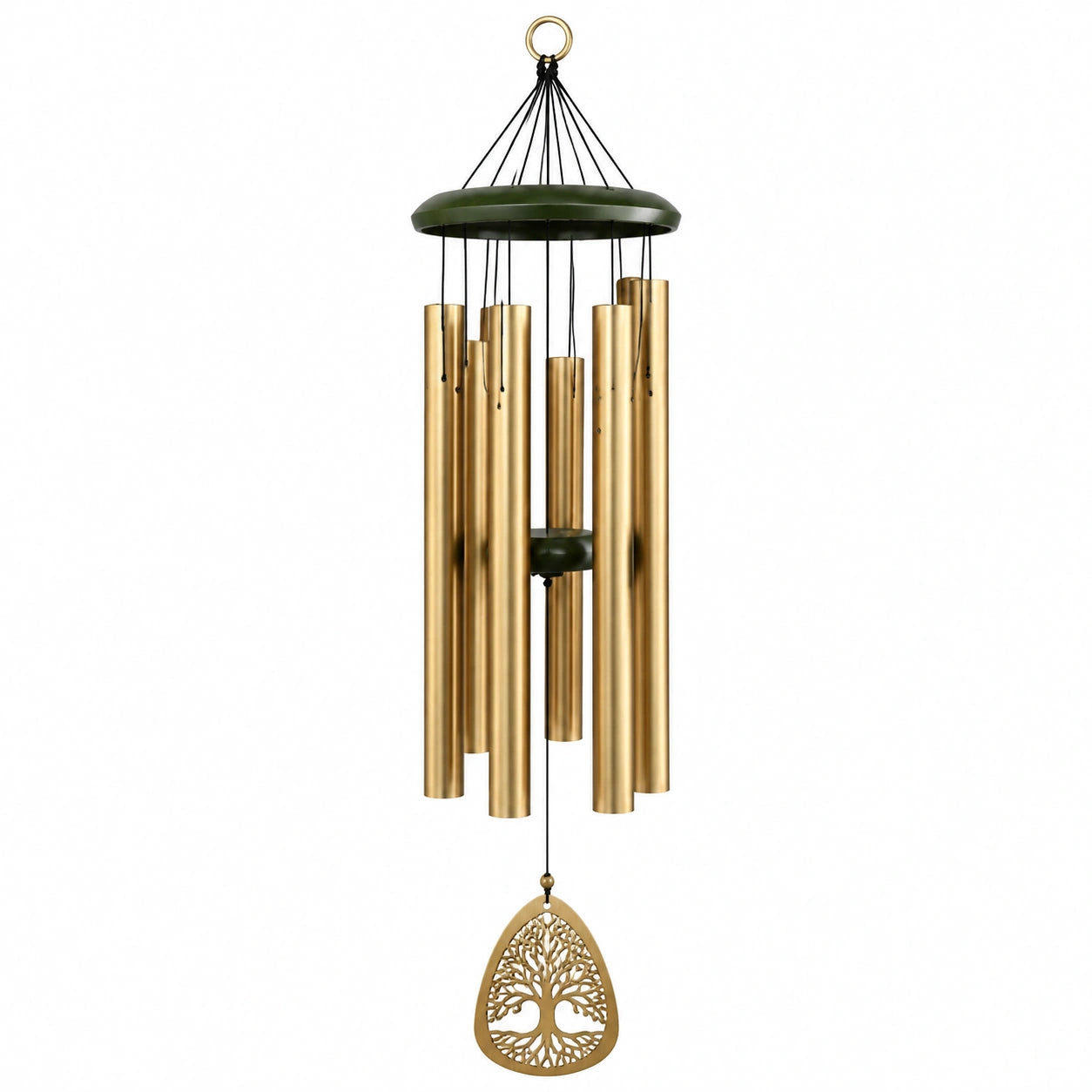 Carillon à vent 90 cm en métal doré et vert avec motif arbre pour jardin