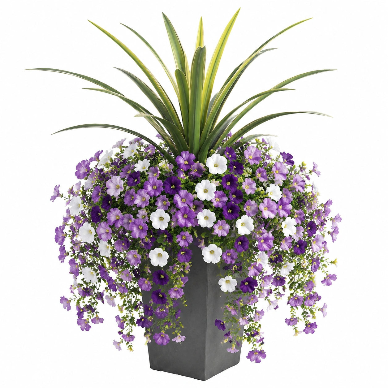 Plante artificielle en pot 115 cm fleurs violettes blanches feuillage vert décorative