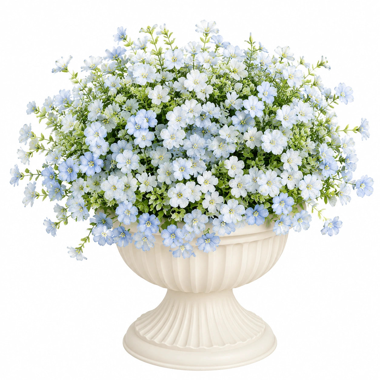 Plante fleurie artificielle en pot 55 cm fleurs bleu clair et blanches style décoratif