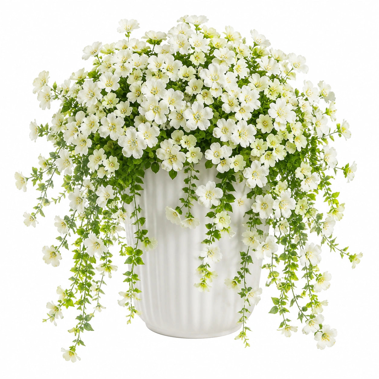 Plante fleurie artificielle en pot 65 cm polyester blanc vert retombante décorative