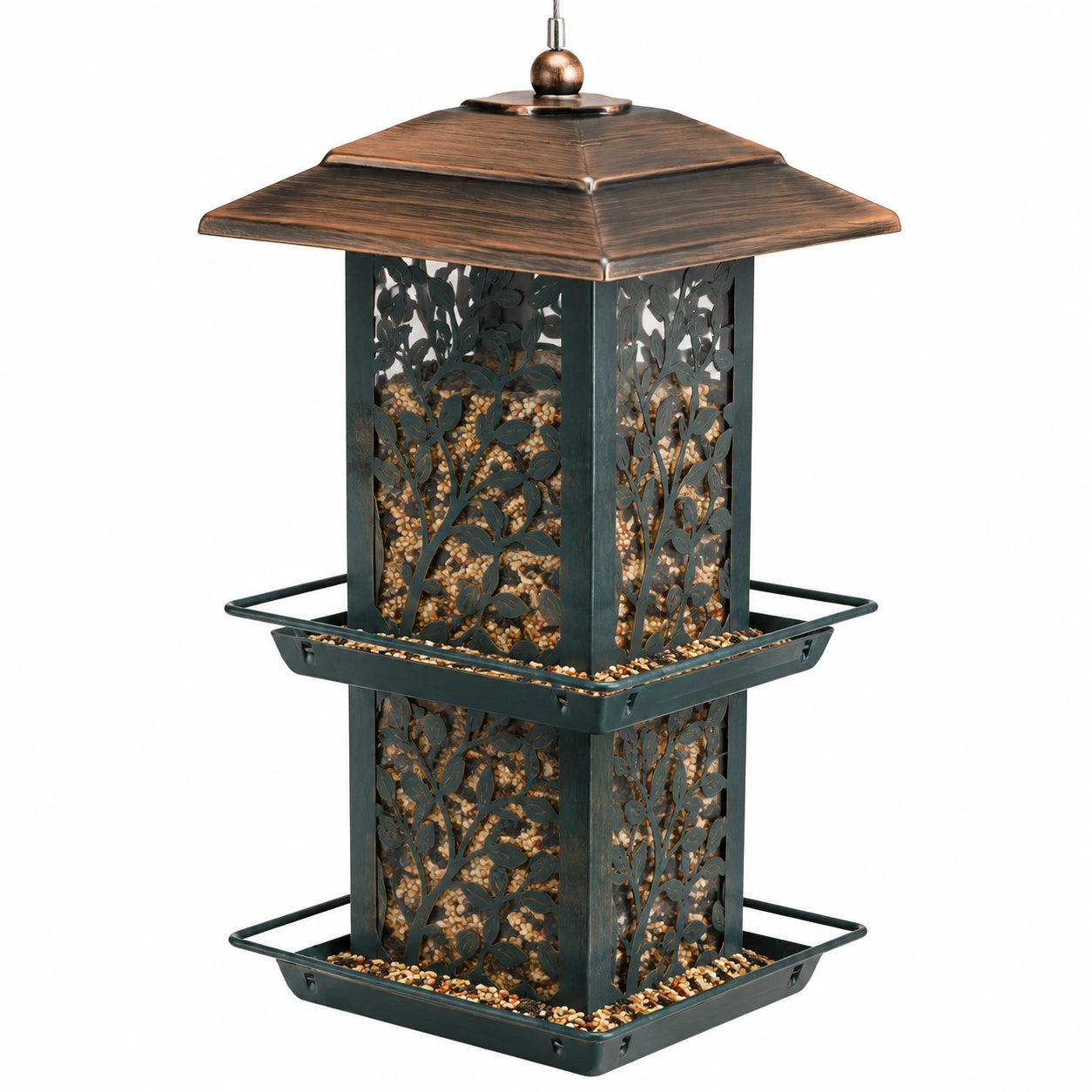 Mangeoire à oiseaux suspendue 25 x 25 x 40 cm en métal vert bronze décor feuilles