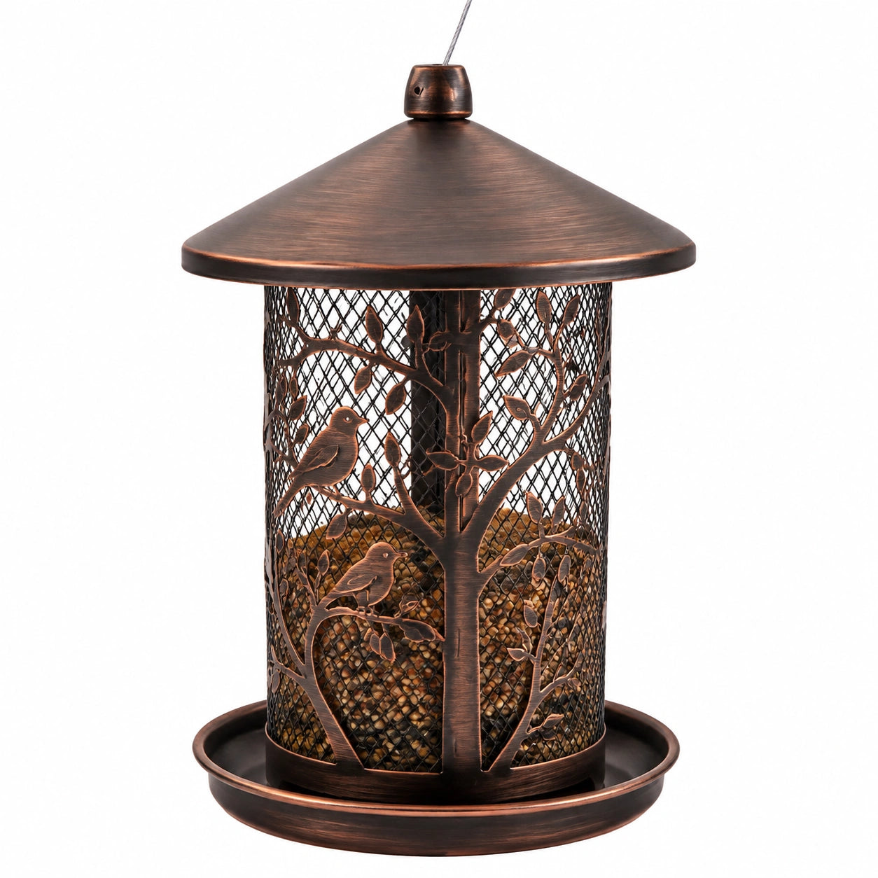 Mangeoire à oiseaux suspendue en métal brun cuivre diamètre 20 cm avec plateau collecteur
