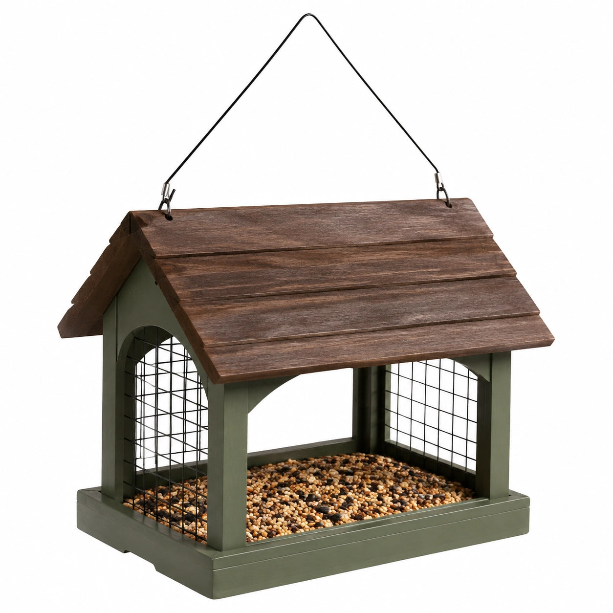 Mangeoire à oiseaux suspendue 30 x 25 x 32 cm en bois vert et brun avec grille métallique