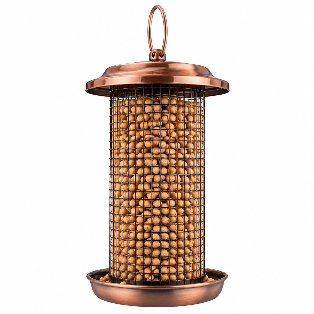 Mangeoire à oiseaux 18 x 30 cm en métal cuivre suspendue - grille cylindrique
